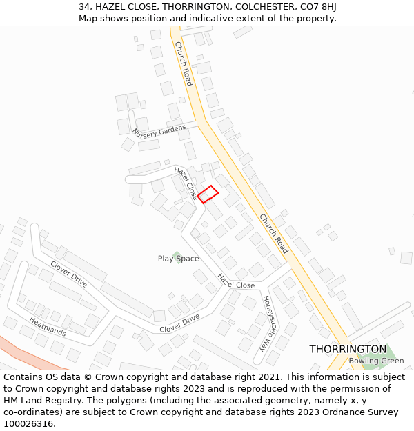 34, HAZEL CLOSE, THORRINGTON, COLCHESTER, CO7 8HJ: Location map and indicative extent of plot