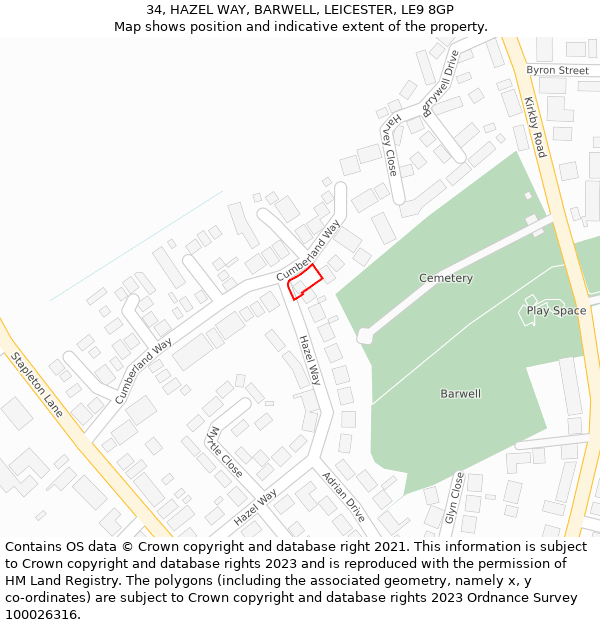 34, HAZEL WAY, BARWELL, LEICESTER, LE9 8GP: Location map and indicative extent of plot