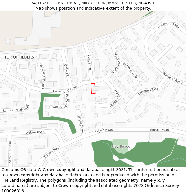 34, HAZELHURST DRIVE, MIDDLETON, MANCHESTER, M24 6TL: Location map and indicative extent of plot