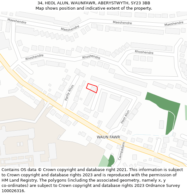 34, HEOL ALUN, WAUNFAWR, ABERYSTWYTH, SY23 3BB: Location map and indicative extent of plot