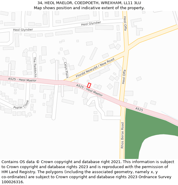 34, HEOL MAELOR, COEDPOETH, WREXHAM, LL11 3LU: Location map and indicative extent of plot