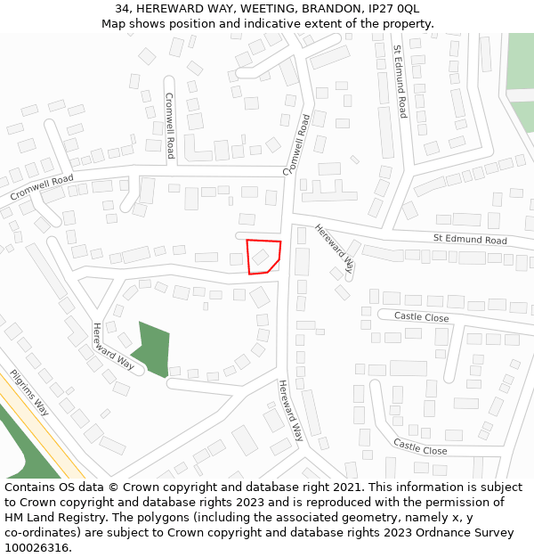 34, HEREWARD WAY, WEETING, BRANDON, IP27 0QL: Location map and indicative extent of plot