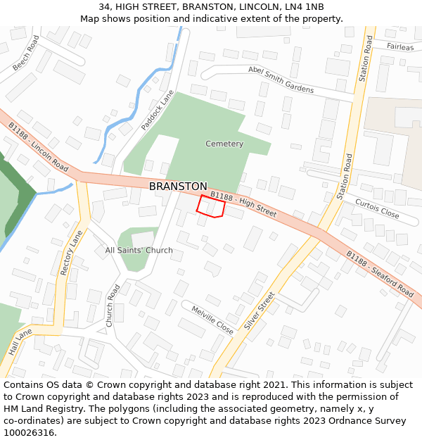 34, HIGH STREET, BRANSTON, LINCOLN, LN4 1NB: Location map and indicative extent of plot