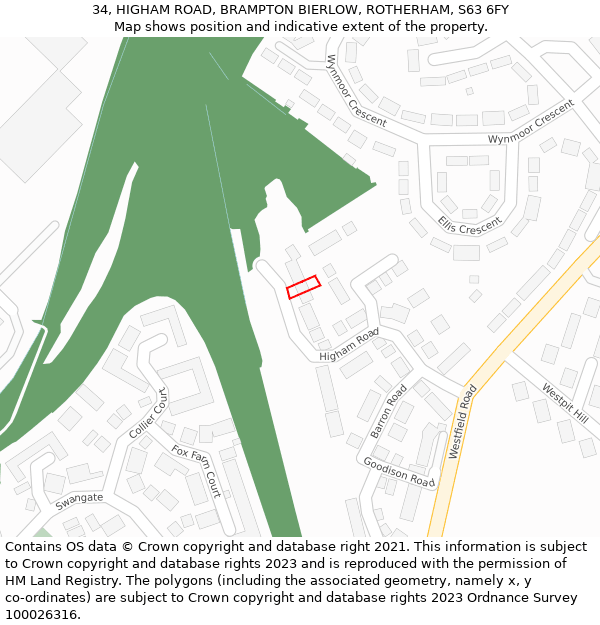 34, HIGHAM ROAD, BRAMPTON BIERLOW, ROTHERHAM, S63 6FY: Location map and indicative extent of plot