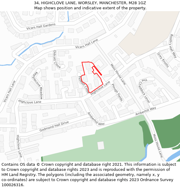 34, HIGHCLOVE LANE, WORSLEY, MANCHESTER, M28 1GZ: Location map and indicative extent of plot