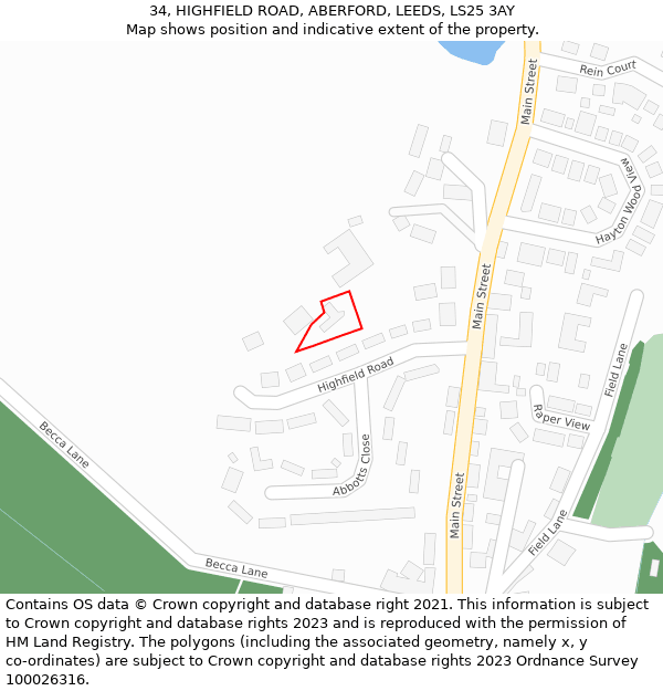 34, HIGHFIELD ROAD, ABERFORD, LEEDS, LS25 3AY: Location map and indicative extent of plot