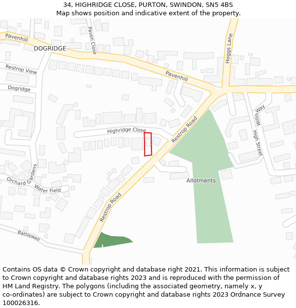 34, HIGHRIDGE CLOSE, PURTON, SWINDON, SN5 4BS: Location map and indicative extent of plot