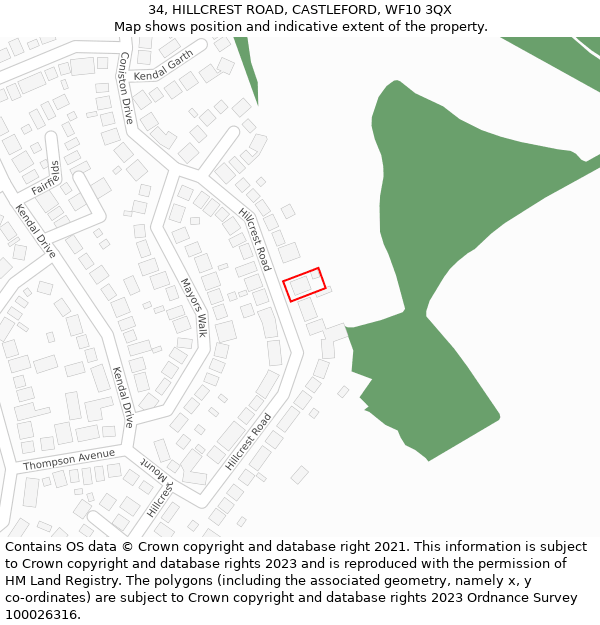 34, HILLCREST ROAD, CASTLEFORD, WF10 3QX: Location map and indicative extent of plot