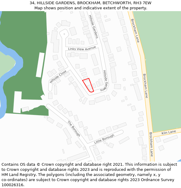 34, HILLSIDE GARDENS, BROCKHAM, BETCHWORTH, RH3 7EW: Location map and indicative extent of plot
