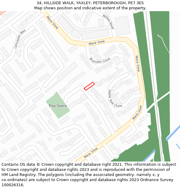 34, HILLSIDE WALK, YAXLEY, PETERBOROUGH, PE7 3ES: Location map and indicative extent of plot