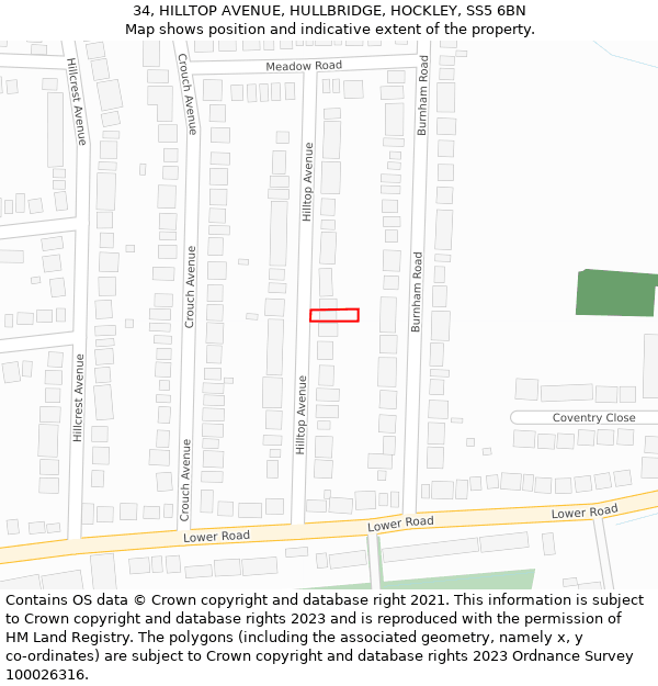 34, HILLTOP AVENUE, HULLBRIDGE, HOCKLEY, SS5 6BN: Location map and indicative extent of plot
