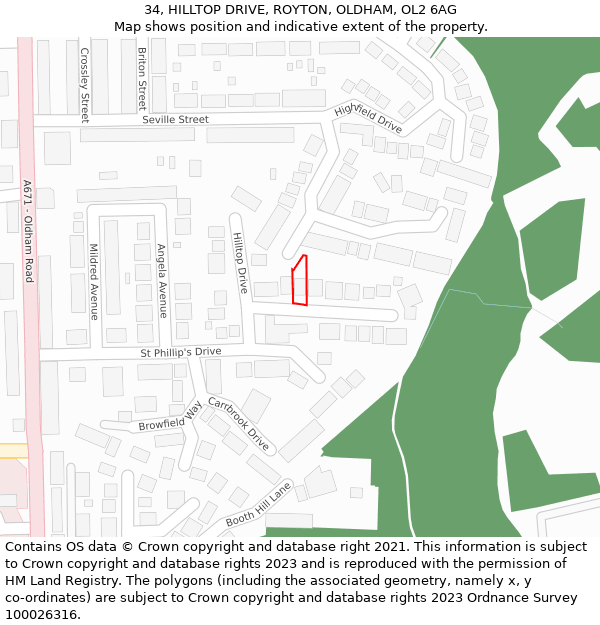 34, HILLTOP DRIVE, ROYTON, OLDHAM, OL2 6AG: Location map and indicative extent of plot