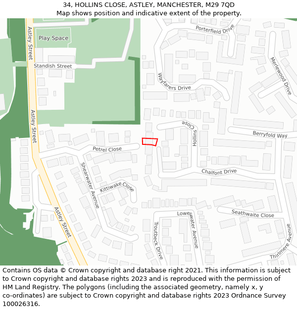 34, HOLLINS CLOSE, ASTLEY, MANCHESTER, M29 7QD: Location map and indicative extent of plot