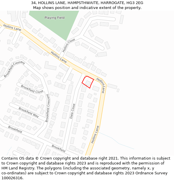 34, HOLLINS LANE, HAMPSTHWAITE, HARROGATE, HG3 2EG: Location map and indicative extent of plot