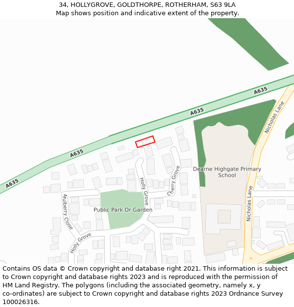 34, HOLLYGROVE, GOLDTHORPE, ROTHERHAM, S63 9LA: Location map and indicative extent of plot