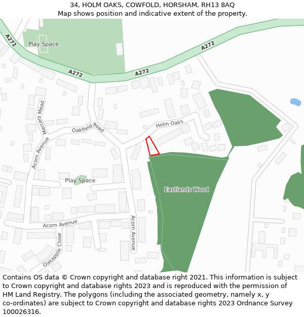 34, HOLM OAKS, COWFOLD, HORSHAM, RH13 8AQ: Location map and indicative extent of plot