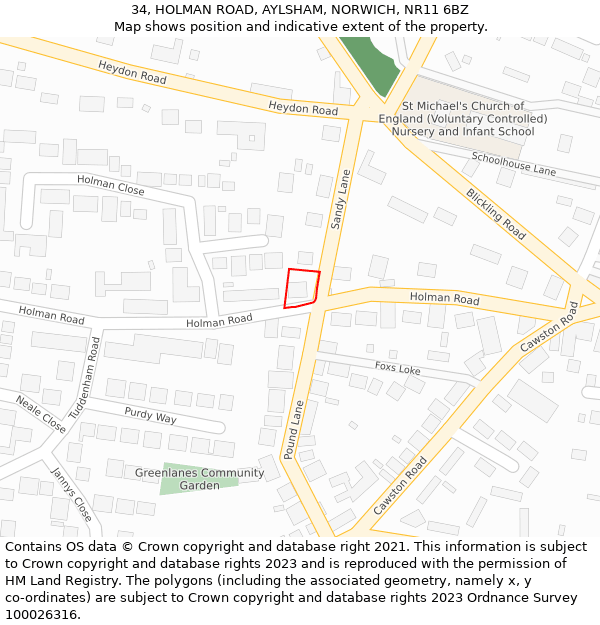 34, HOLMAN ROAD, AYLSHAM, NORWICH, NR11 6BZ: Location map and indicative extent of plot