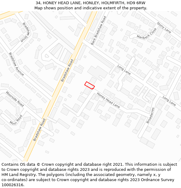 34, HONEY HEAD LANE, HONLEY, HOLMFIRTH, HD9 6RW: Location map and indicative extent of plot