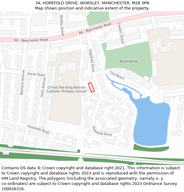 34, HOPEFOLD DRIVE, WORSLEY, MANCHESTER, M28 3PN: Location map and indicative extent of plot