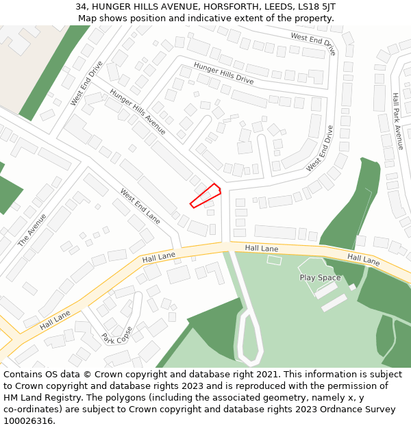 34, HUNGER HILLS AVENUE, HORSFORTH, LEEDS, LS18 5JT: Location map and indicative extent of plot