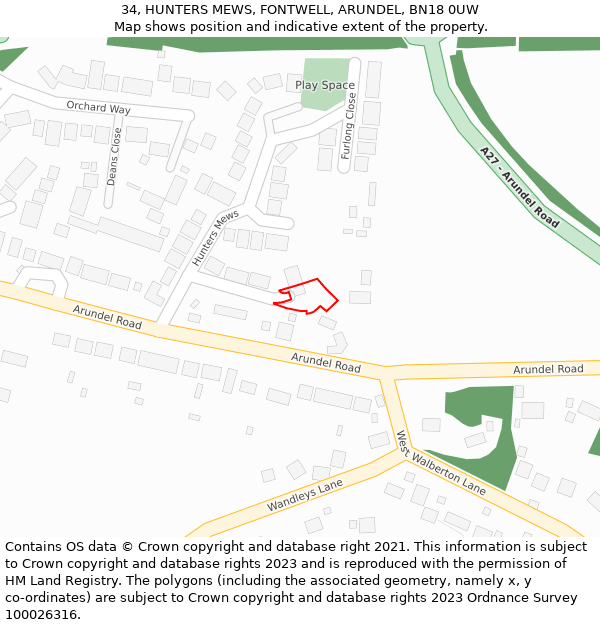 34, HUNTERS MEWS, FONTWELL, ARUNDEL, BN18 0UW: Location map and indicative extent of plot