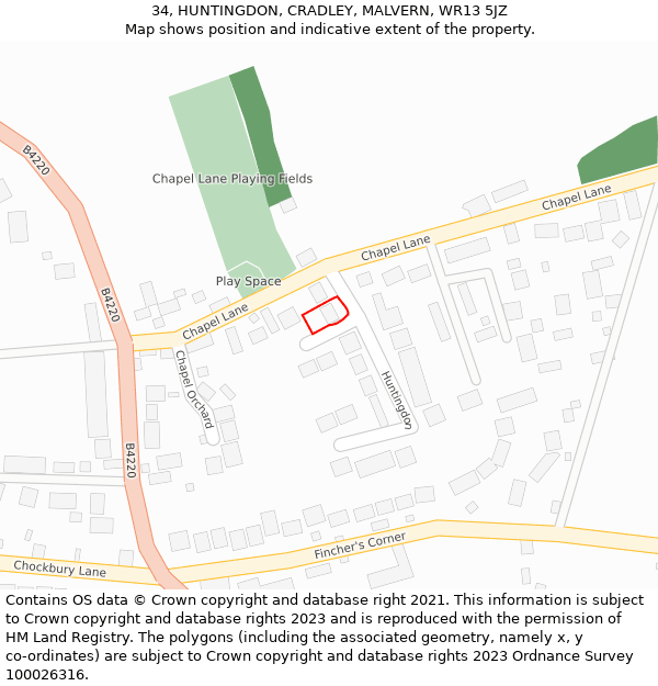 34, HUNTINGDON, CRADLEY, MALVERN, WR13 5JZ: Location map and indicative extent of plot