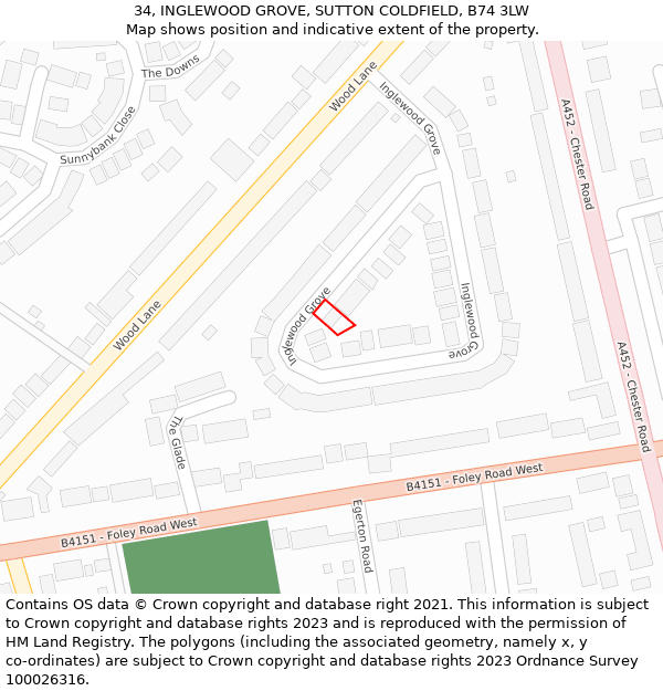 34, INGLEWOOD GROVE, SUTTON COLDFIELD, B74 3LW: Location map and indicative extent of plot