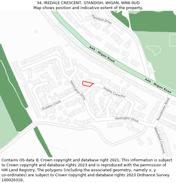 34, IREDALE CRESCENT, STANDISH, WIGAN, WN6 0UD: Location map and indicative extent of plot