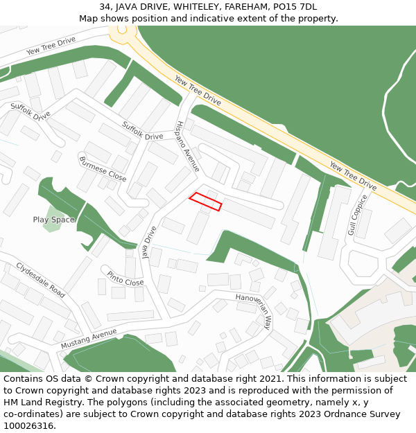 34, JAVA DRIVE, WHITELEY, FAREHAM, PO15 7DL: Location map and indicative extent of plot