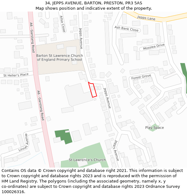 34, JEPPS AVENUE, BARTON, PRESTON, PR3 5AS: Location map and indicative extent of plot