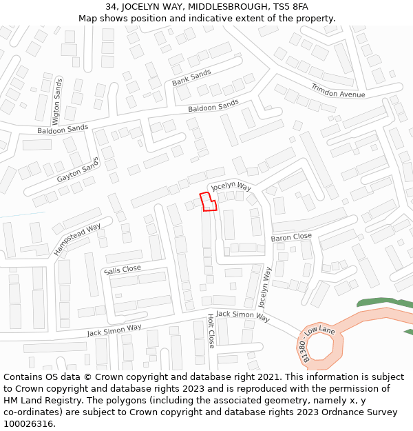 34, JOCELYN WAY, MIDDLESBROUGH, TS5 8FA: Location map and indicative extent of plot