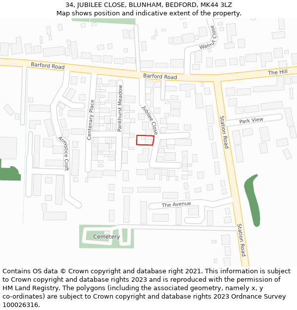 34, JUBILEE CLOSE, BLUNHAM, BEDFORD, MK44 3LZ: Location map and indicative extent of plot