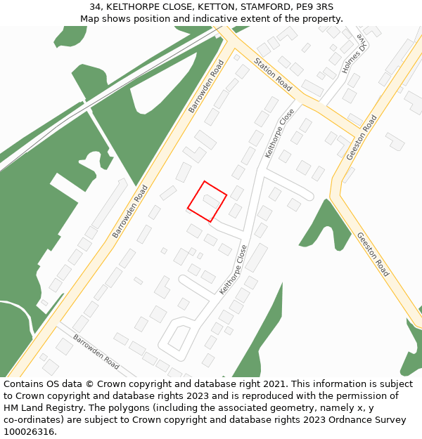 34, KELTHORPE CLOSE, KETTON, STAMFORD, PE9 3RS: Location map and indicative extent of plot