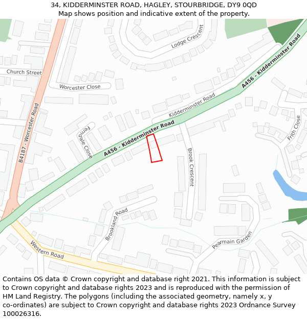 34, KIDDERMINSTER ROAD, HAGLEY, STOURBRIDGE, DY9 0QD: Location map and indicative extent of plot