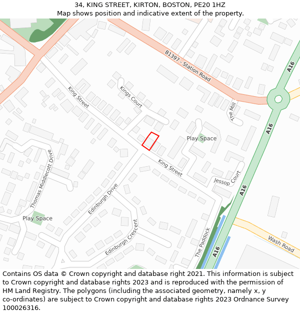 34, KING STREET, KIRTON, BOSTON, PE20 1HZ: Location map and indicative extent of plot