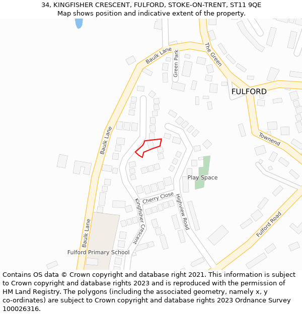 34, KINGFISHER CRESCENT, FULFORD, STOKE-ON-TRENT, ST11 9QE: Location map and indicative extent of plot