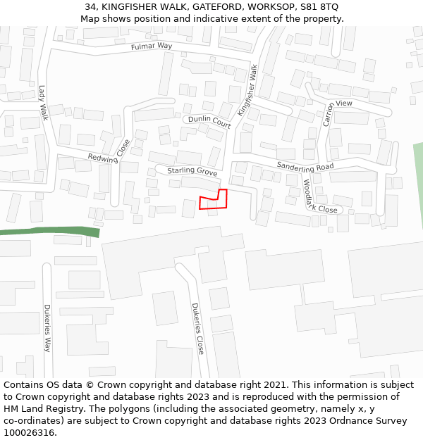 34, KINGFISHER WALK, GATEFORD, WORKSOP, S81 8TQ: Location map and indicative extent of plot