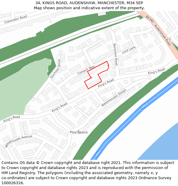 34, KINGS ROAD, AUDENSHAW, MANCHESTER, M34 5EP: Location map and indicative extent of plot