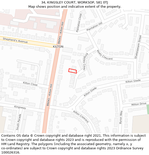 34, KINGSLEY COURT, WORKSOP, S81 0TJ: Location map and indicative extent of plot