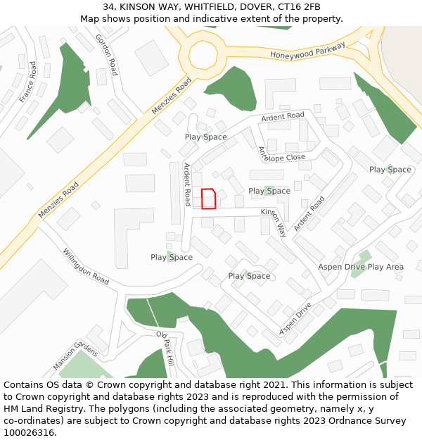 34, KINSON WAY, WHITFIELD, DOVER, CT16 2FB: Location map and indicative extent of plot