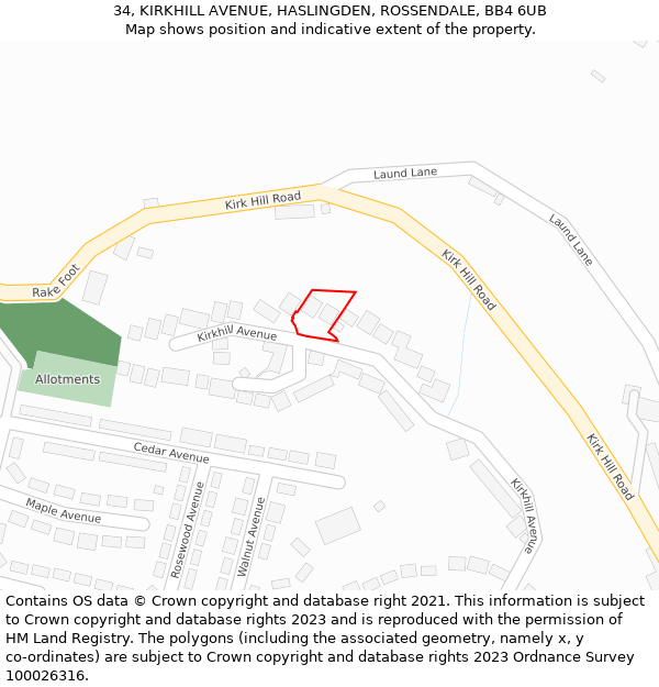 34, KIRKHILL AVENUE, HASLINGDEN, ROSSENDALE, BB4 6UB: Location map and indicative extent of plot