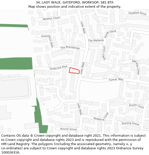 34, LADY WALK, GATEFORD, WORKSOP, S81 8TA: Location map and indicative extent of plot