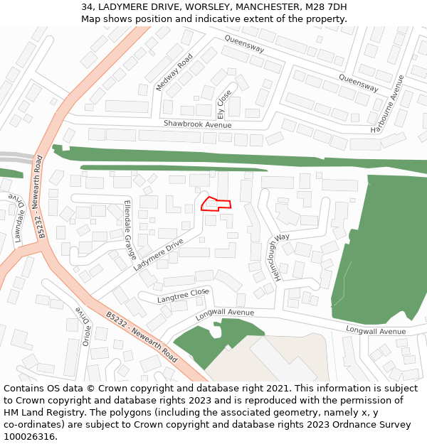 34, LADYMERE DRIVE, WORSLEY, MANCHESTER, M28 7DH: Location map and indicative extent of plot