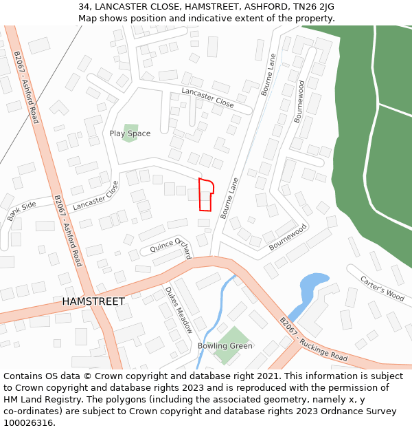 34, LANCASTER CLOSE, HAMSTREET, ASHFORD, TN26 2JG: Location map and indicative extent of plot