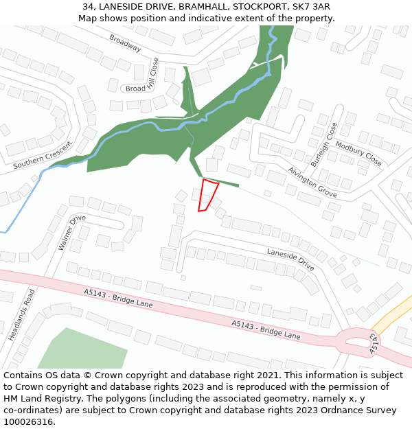 34, LANESIDE DRIVE, BRAMHALL, STOCKPORT, SK7 3AR: Location map and indicative extent of plot