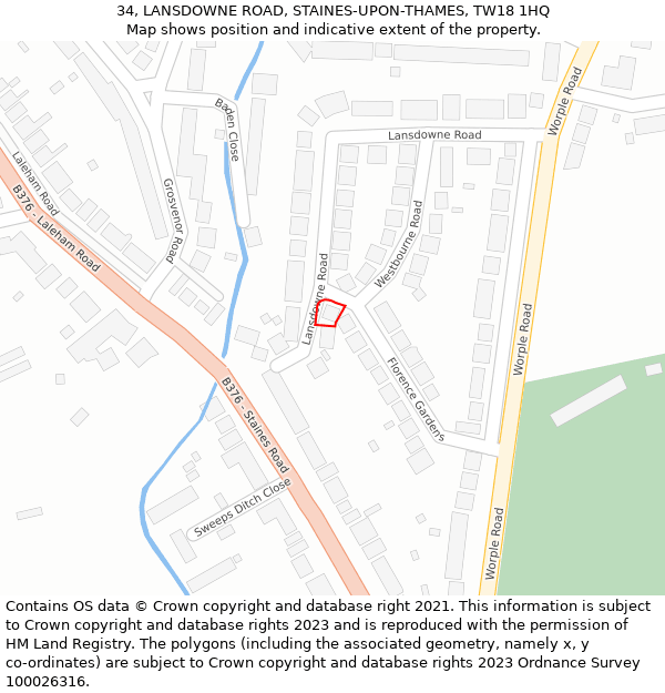 34, LANSDOWNE ROAD, STAINES-UPON-THAMES, TW18 1HQ: Location map and indicative extent of plot