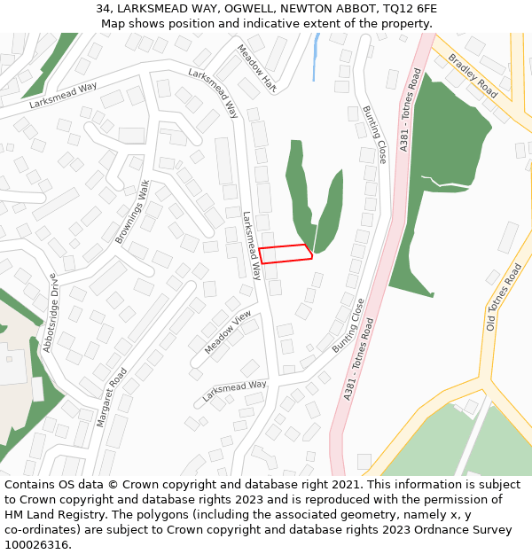 34, LARKSMEAD WAY, OGWELL, NEWTON ABBOT, TQ12 6FE: Location map and indicative extent of plot