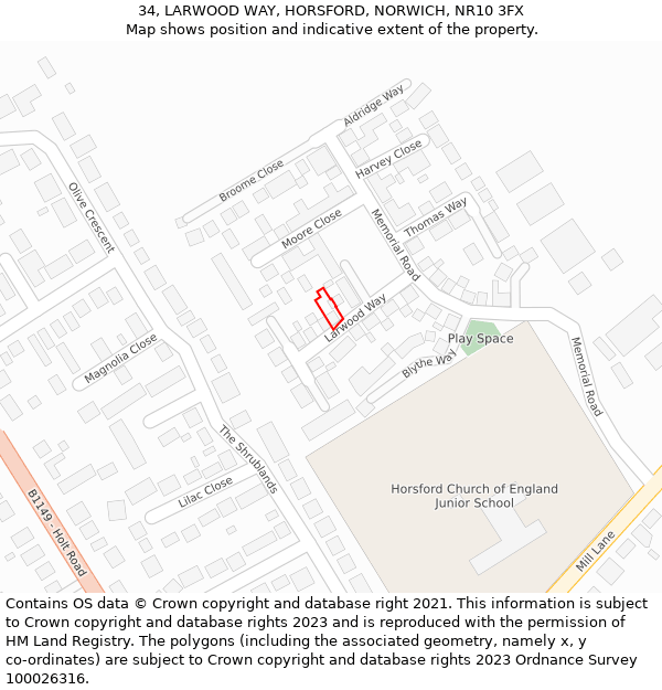 34, LARWOOD WAY, HORSFORD, NORWICH, NR10 3FX: Location map and indicative extent of plot