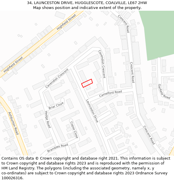 34, LAUNCESTON DRIVE, HUGGLESCOTE, COALVILLE, LE67 2HW: Location map and indicative extent of plot