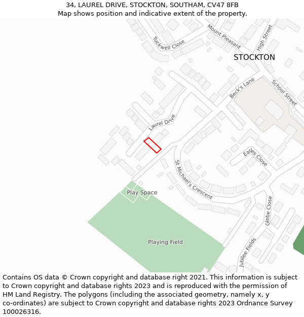 34, LAUREL DRIVE, STOCKTON, SOUTHAM, CV47 8FB: Location map and indicative extent of plot